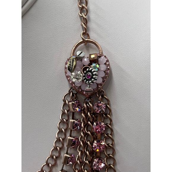 Betsey Johnson Pink Rose Gold-Tone Woven Charm MultiChain Necklace New with Box - Picture 6 of 15